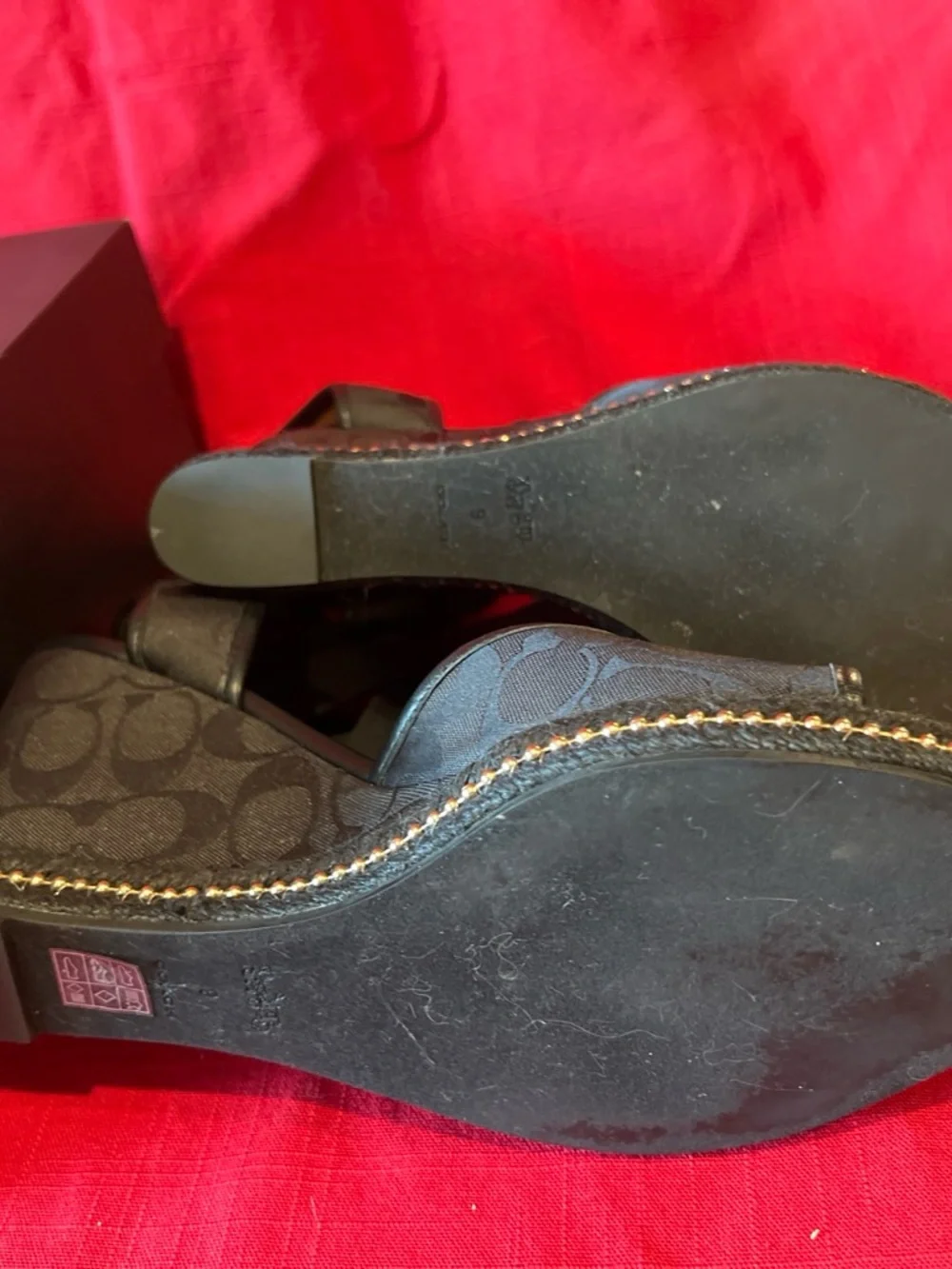 Coach Black Signature Espadrille Wedge Sandals with Gold Trim 9B